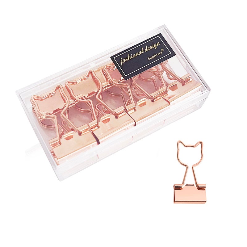 Supfoxer Cat Binder Clips,Rose Gold Cute Metal Binder Clips with Cat Shaped 3/4-Inch Small Office Supplies for Cat Lovers Decor (12Pcs) - Image 1